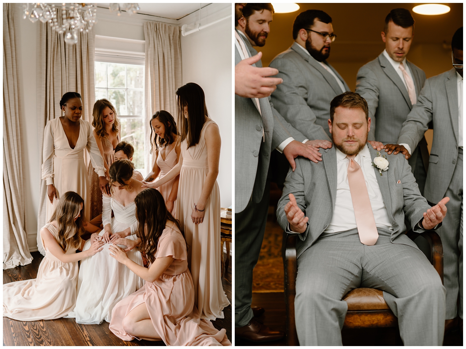 Prayer circle for bride and groom with their wedding party, bridesmaids and groomsmen, at the McAlister-Leftwich House by NC wedding photographer