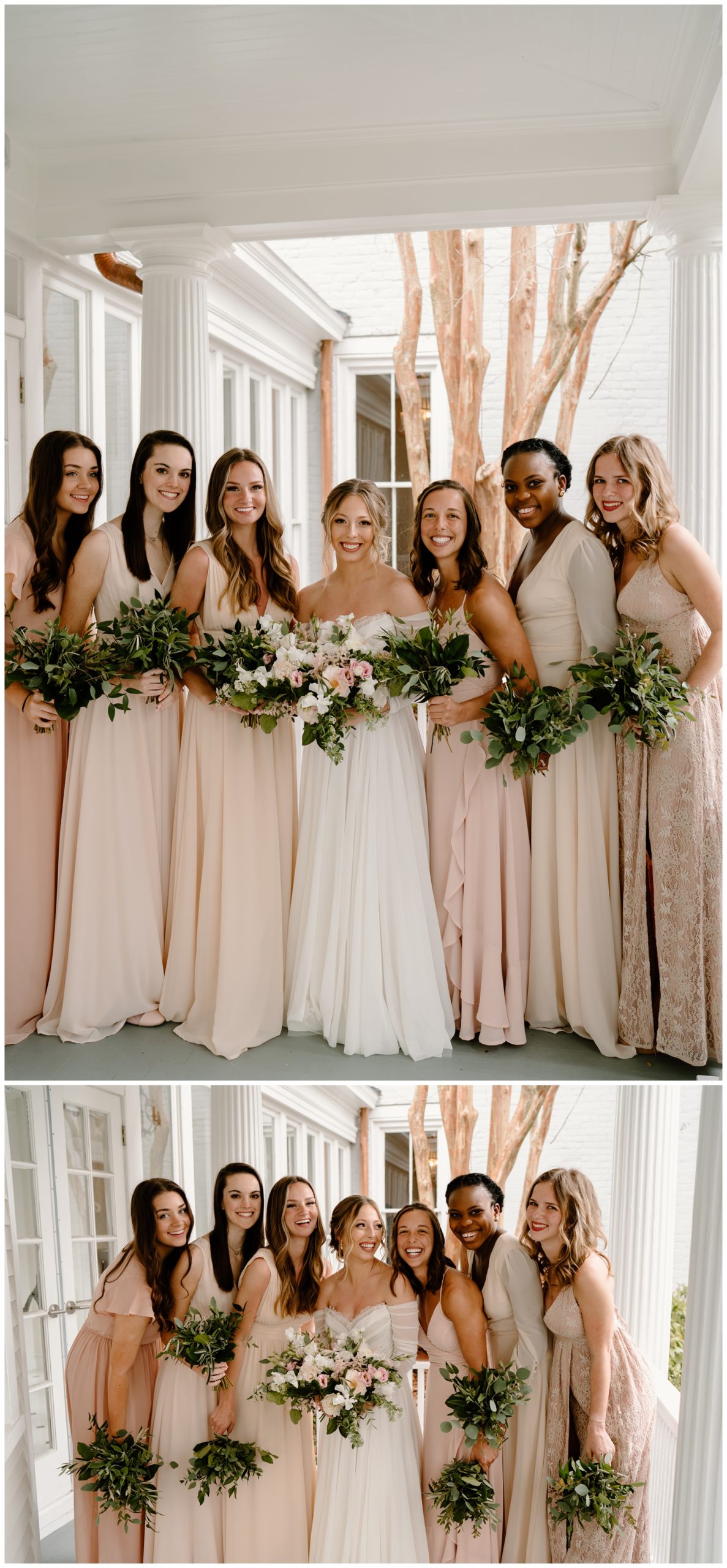 Bride and bridesmaids portraits with blush dresses in Greensboro, NC at the McAlister-Leftwich House by North Carolina wedding photographer