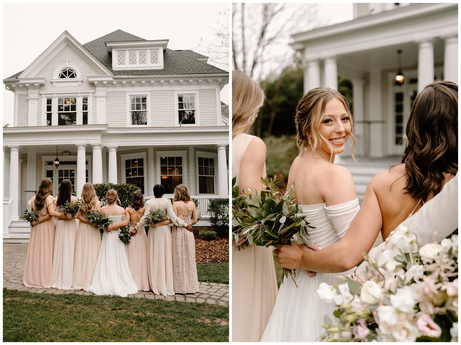 Bride and bridesmaids portraits with blush dresses in Greensboro, NC at the McAlister-Leftwich House by North Carolina wedding photographer