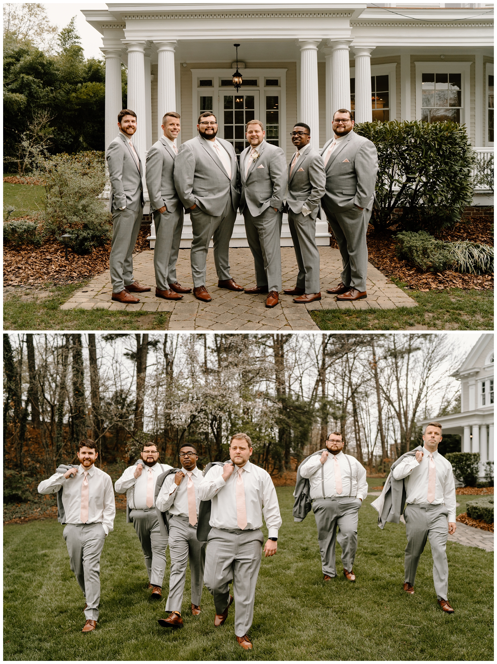 Groomsmen portraits in grey suits in Greensboro, NC at the McAlister-Leftwich House by North Carolina wedding photographer