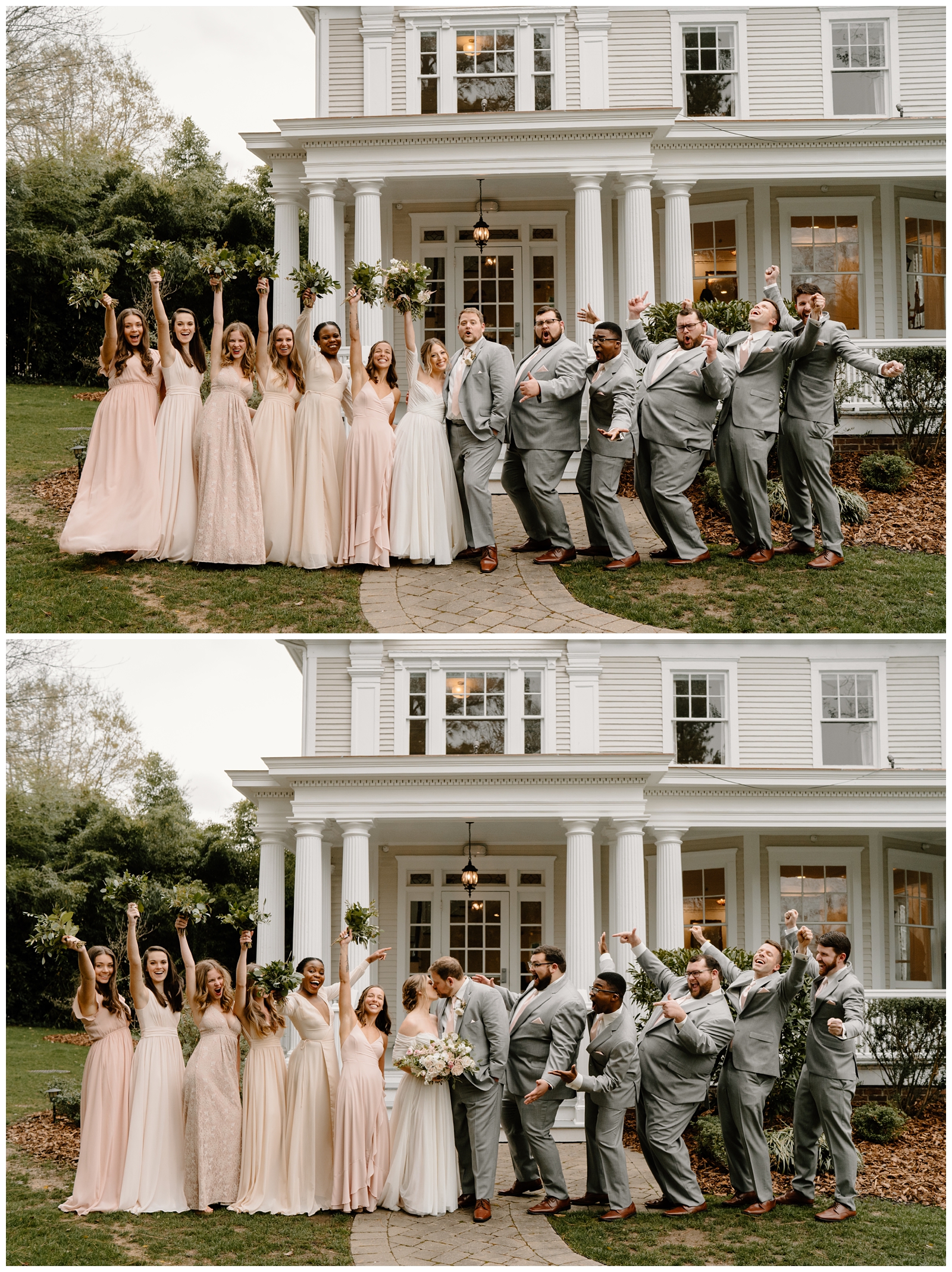 Fun wedding party portraits in front of the McAlister-Leftwich House in downtown Greensboro by NC wedding photographer