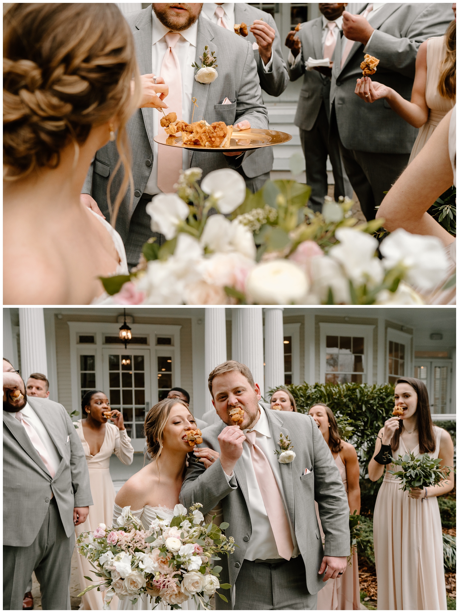 Fun wedding party photos eating Chick-Fil-A at their romantic McAlister-Leftwich wedding in downtown Greensboro by NC wedding photographer