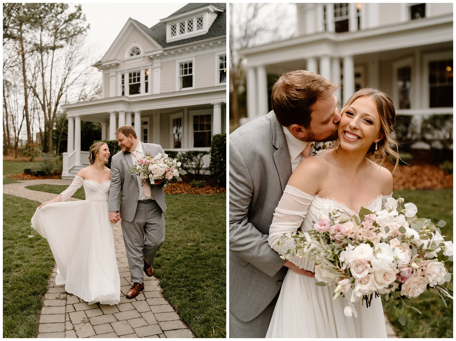 Romantic bride and groom portraits in front of the McAlister-Leftwich House in Greensboro, NC by Raleigh and Charlotte wedding photographer