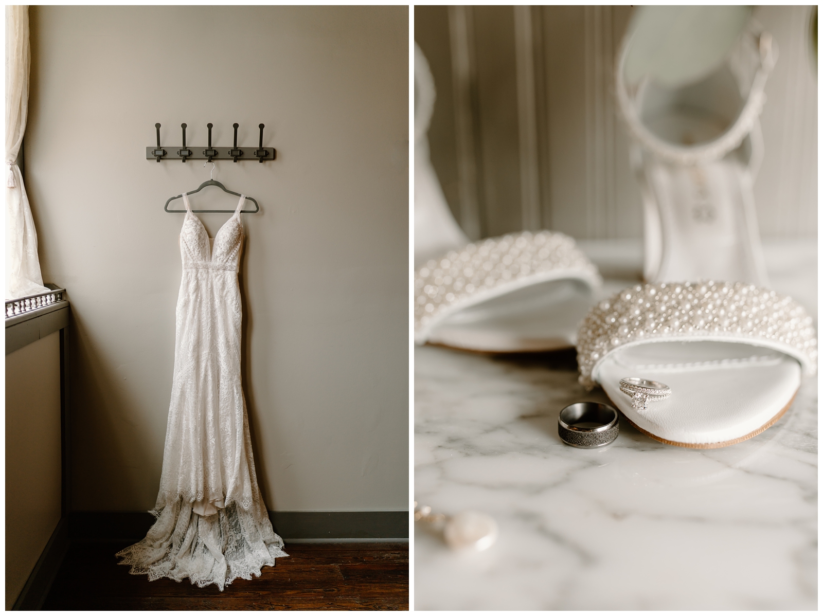 Bridal details in historical venue, lace fitted wedding gown and pearl beaded shoes