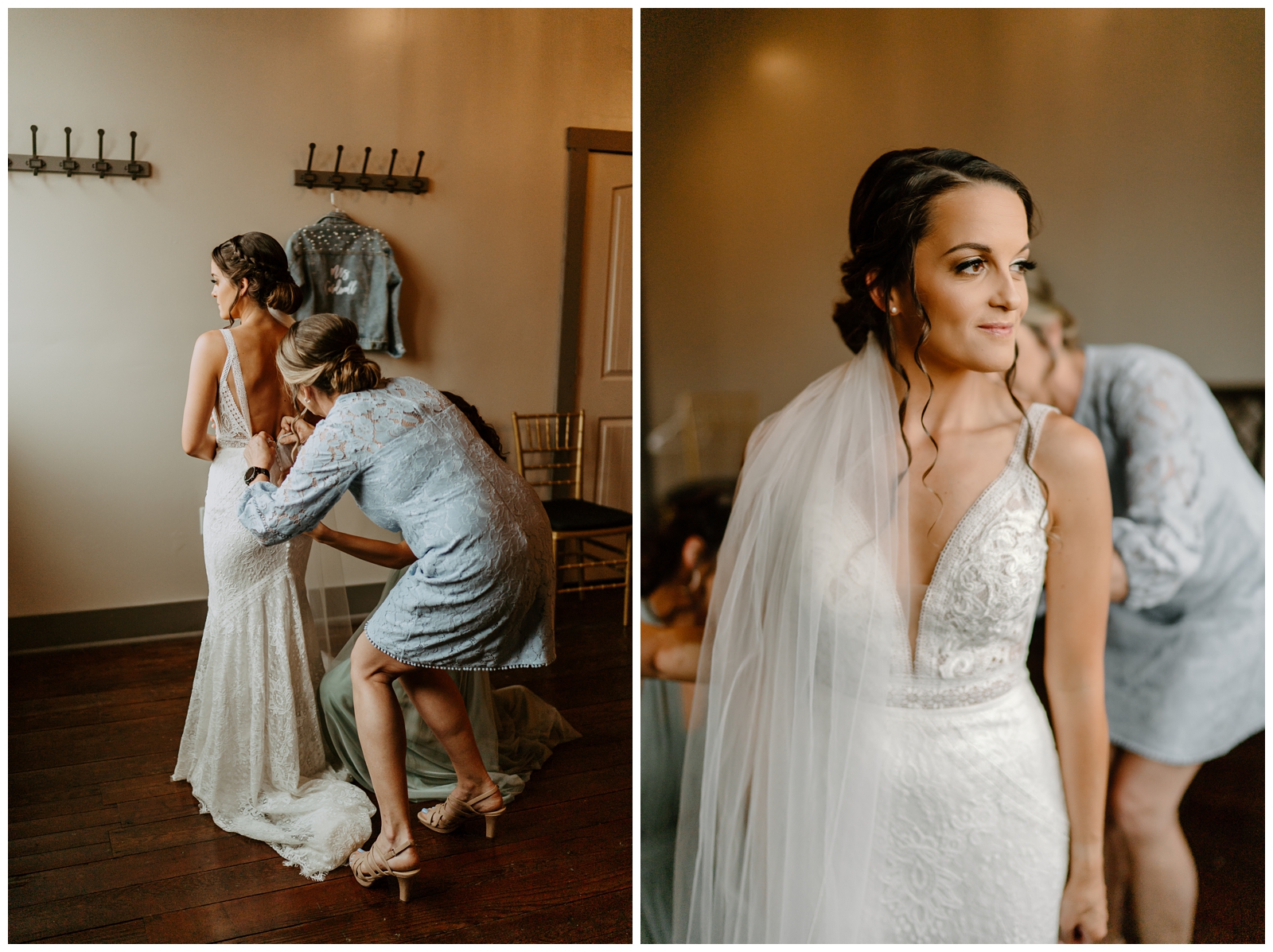 Modern indie bride getting ready in beautiful lace fitted, mermaid dress