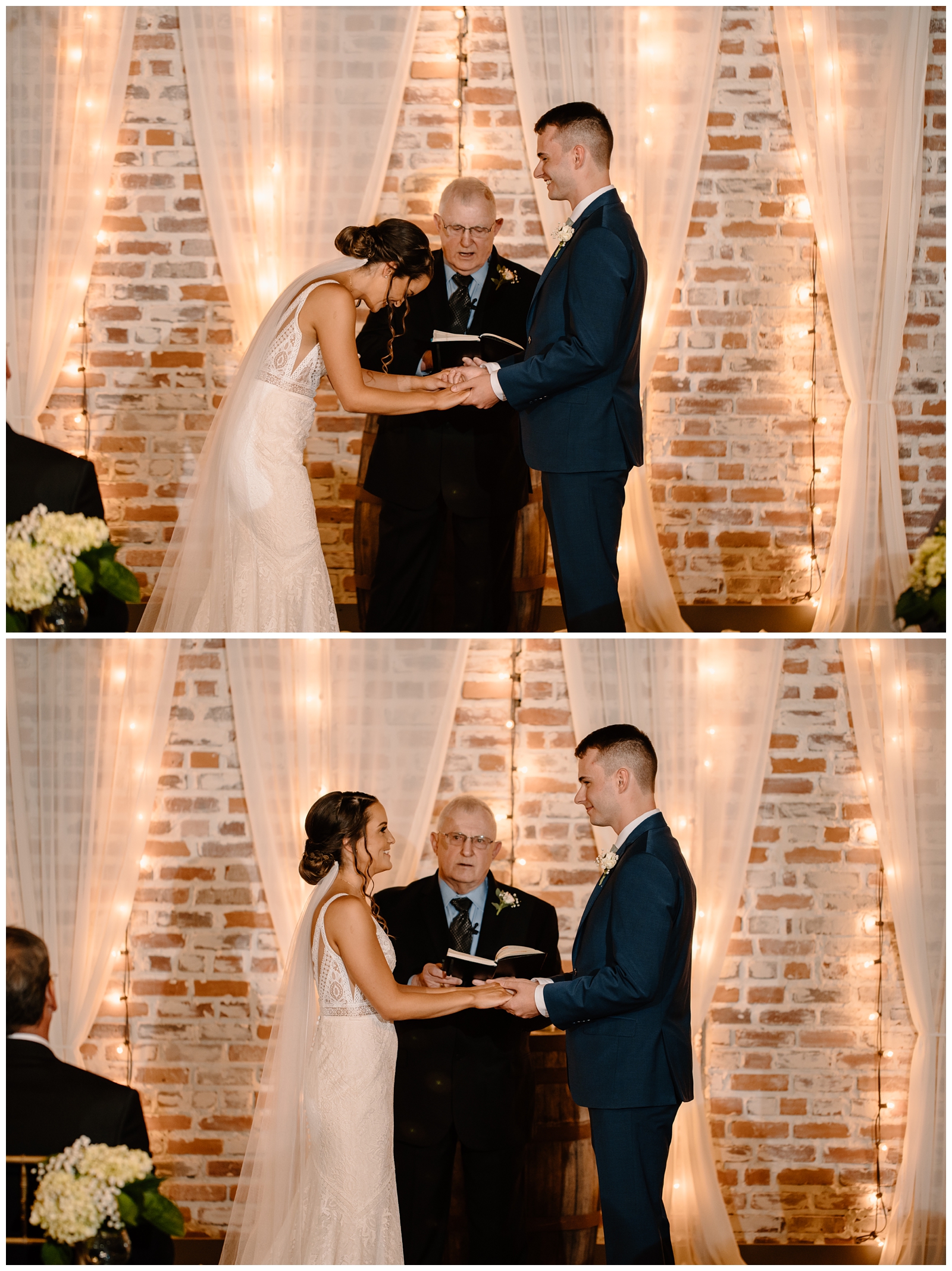 Romantic modern indie wedding ceremony in front of brick wall at historical venue Bakery 1818