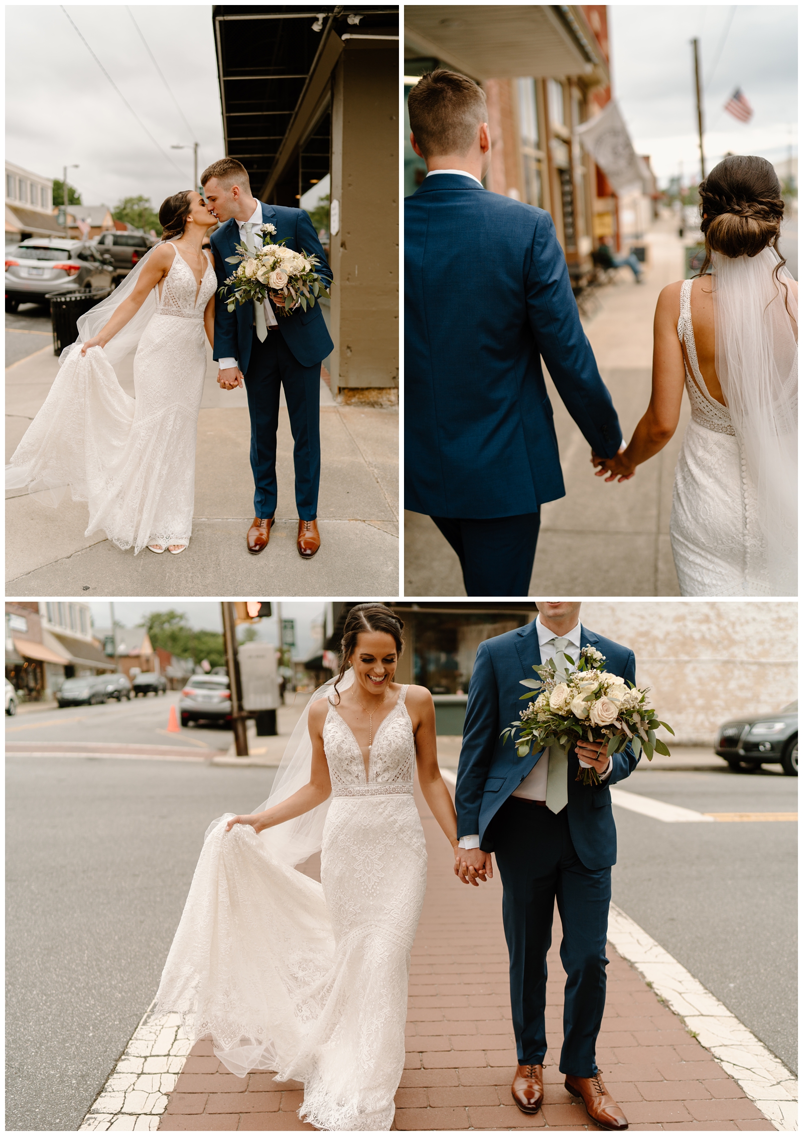 Stunning rainy day wedding portraits, bride wearing lace fitted mermaid style dress, groom wearing blue suit, NC wedding photographer