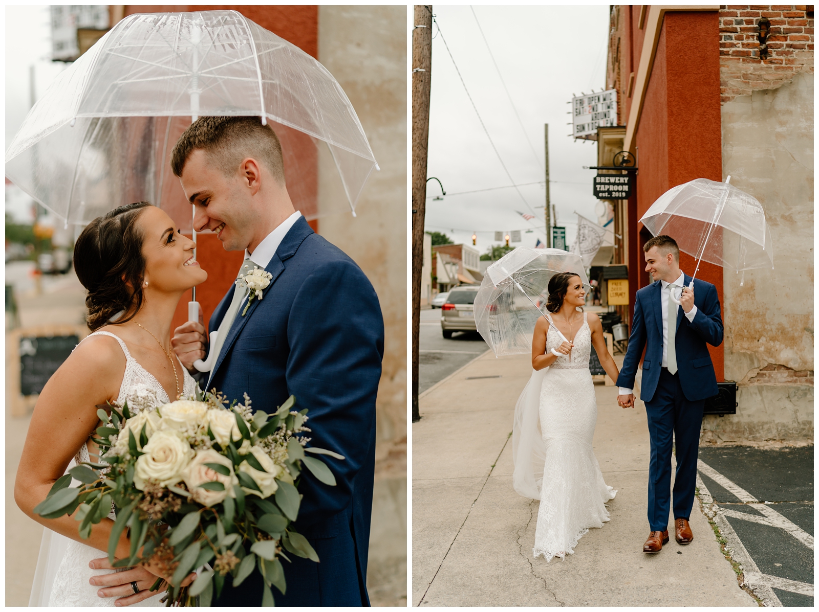 Cute rainy wedding day portraits with clear umbrellas, couple walking down street holding hands by Winston-Salem, NC photographer