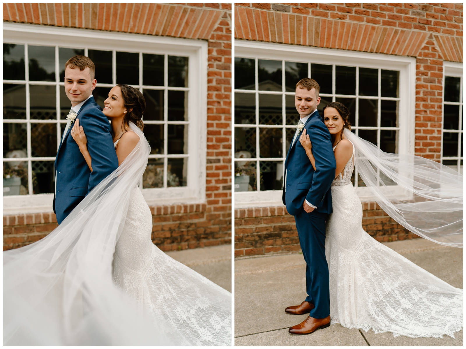 Modern Indie bride and groom portraits with veil in front of old brick shop in North Carolina