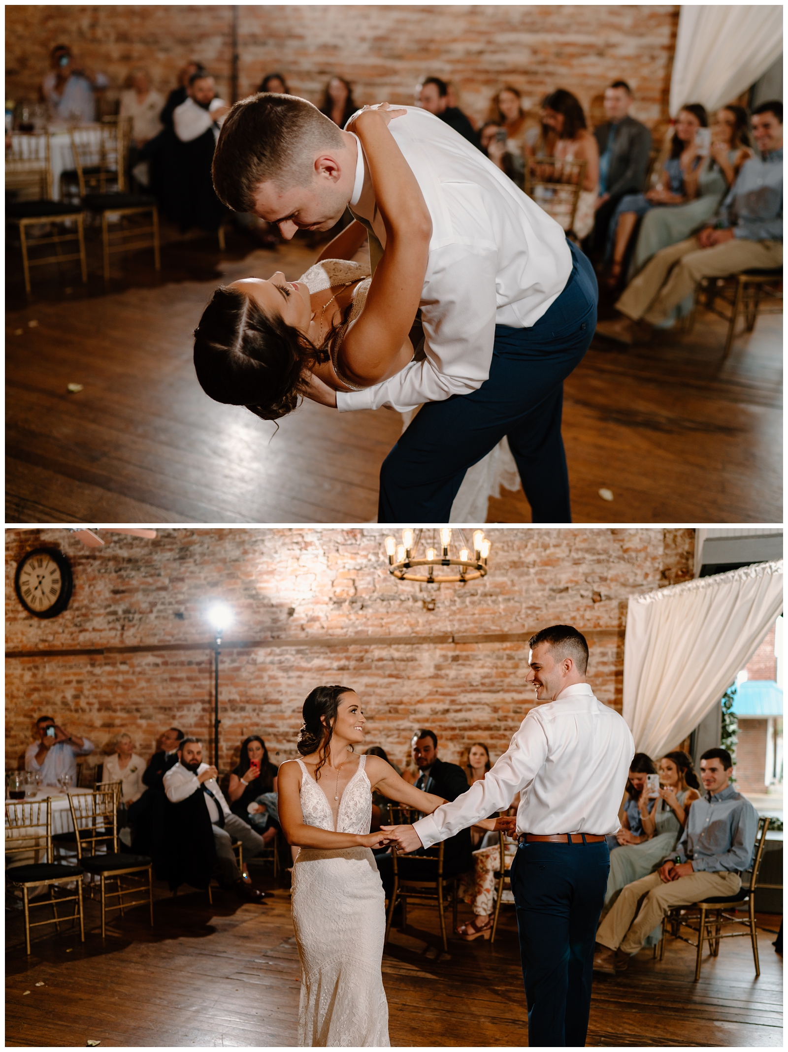 Choreographed first dance at historical wedding venue Bakery 1818 in Madison, NC by Winston-Salem Photographer