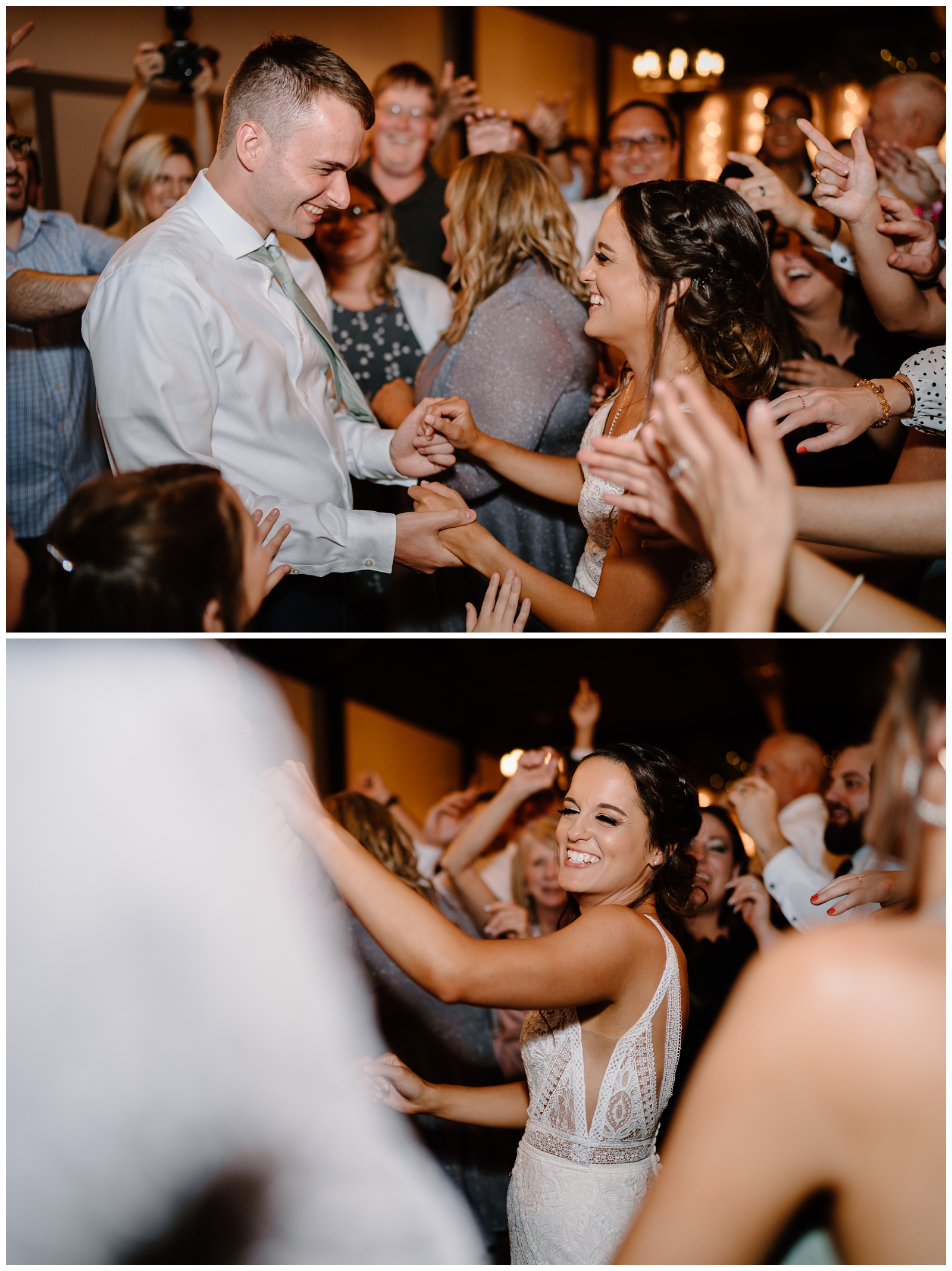Fun dance floor reception photos with the bride and groom by North Carolina wedding photographer