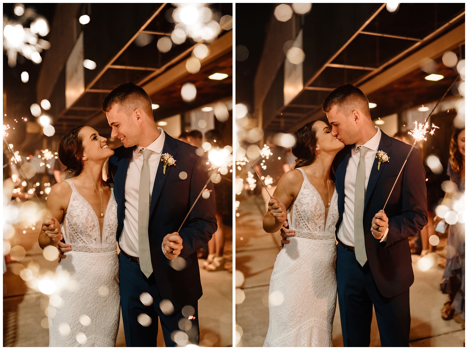 Romantic newlywed sparkler photos with the bride and groom at their modern indie wedding