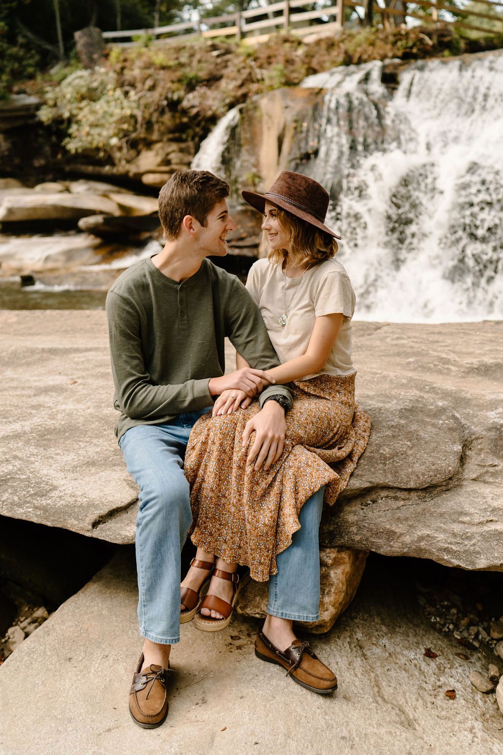 Couples Photos with waterfall and mountains backdrop in North Carolina