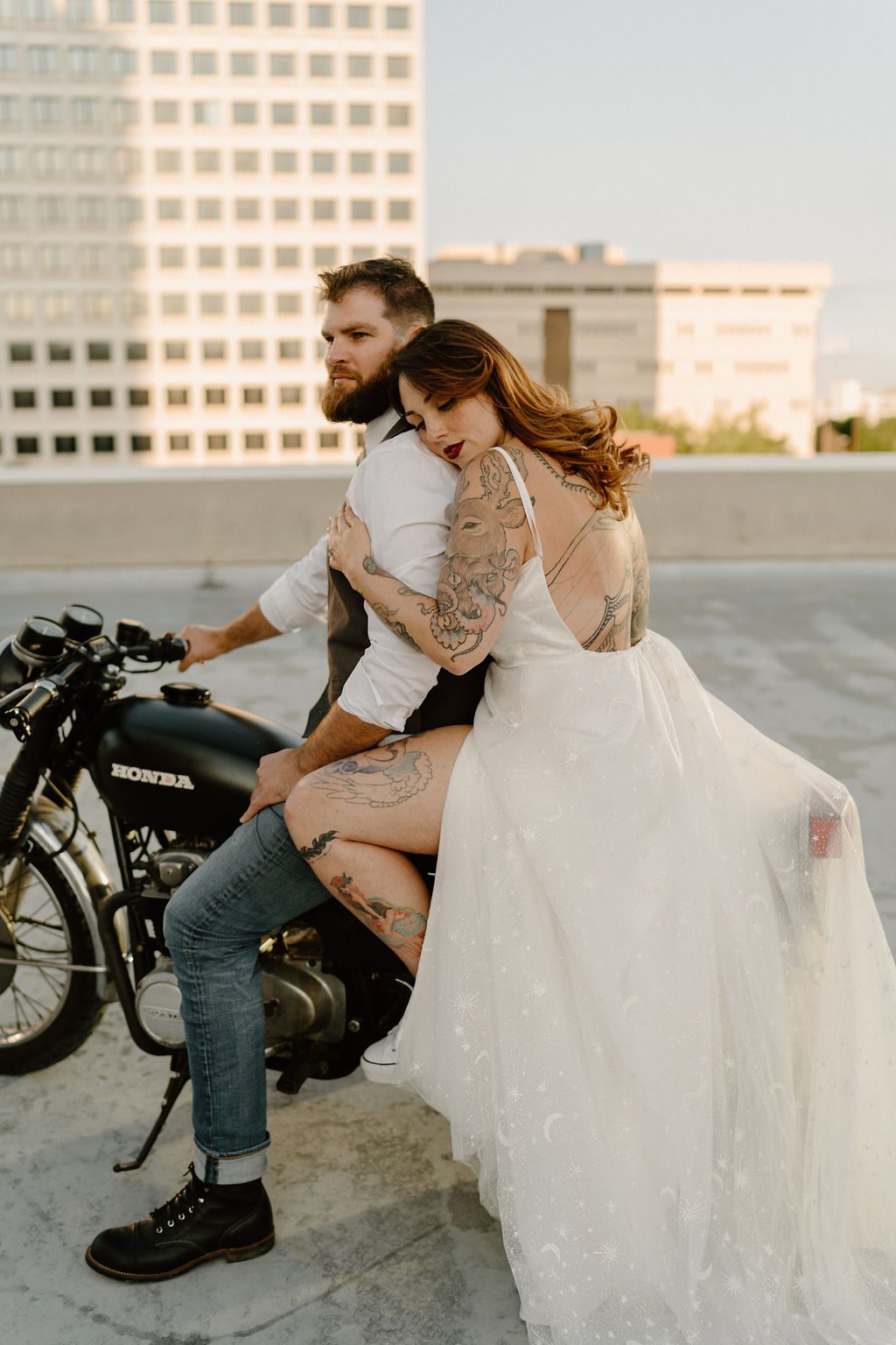 fun urban elopement With Motorcycle