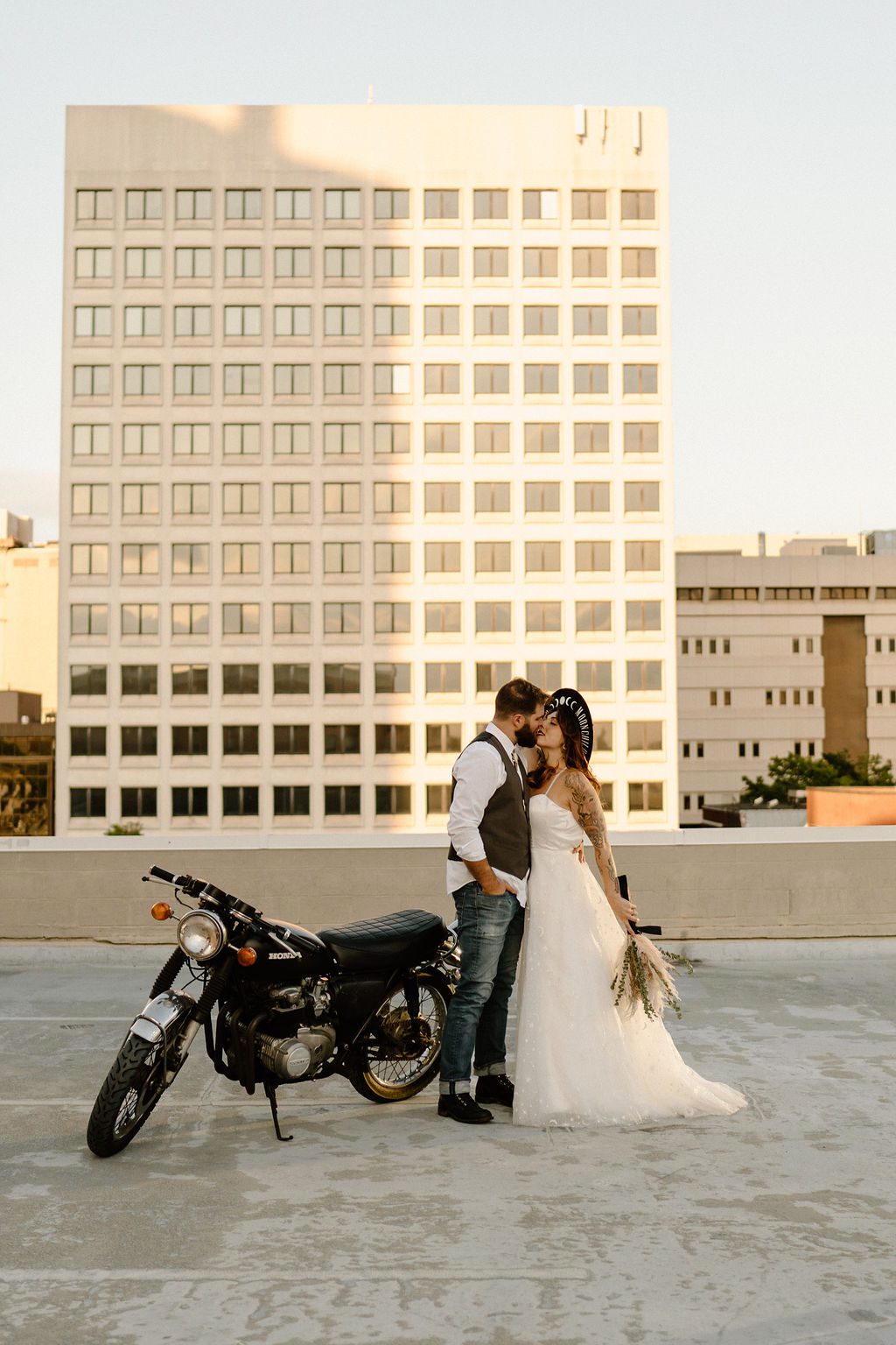 fun downtown city elopement With Motorcycle