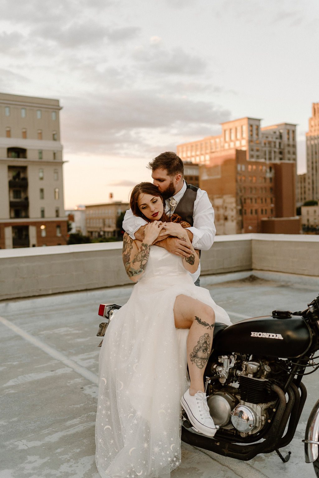 fun urban city elopement With Motorcycle