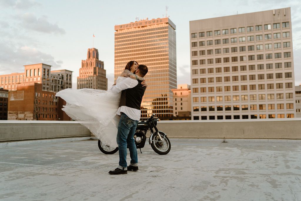 fun urban city elopement With Motorcycle in North Carolina