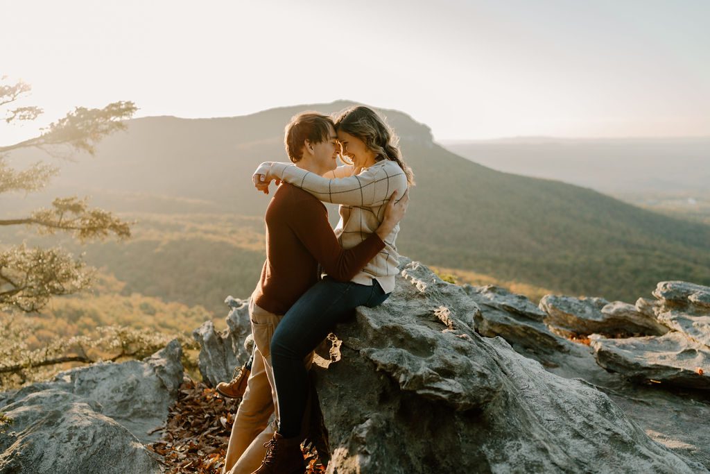 Adventure engagement session with cute couple during golden hour in North Carolina