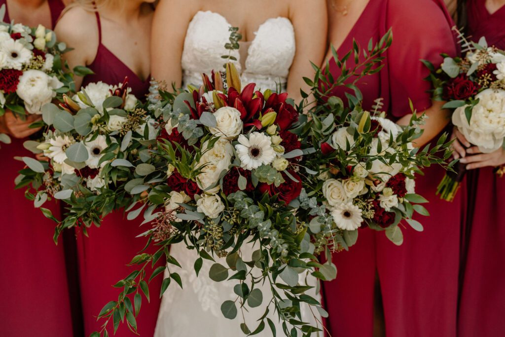 Red and white bride and bridesmaids wedding bouquet