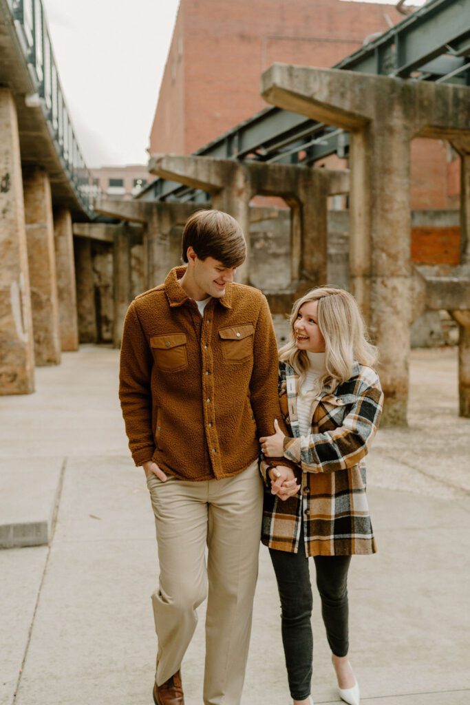 Coupels downtown engagement photos in Winston Salem in North Carolina