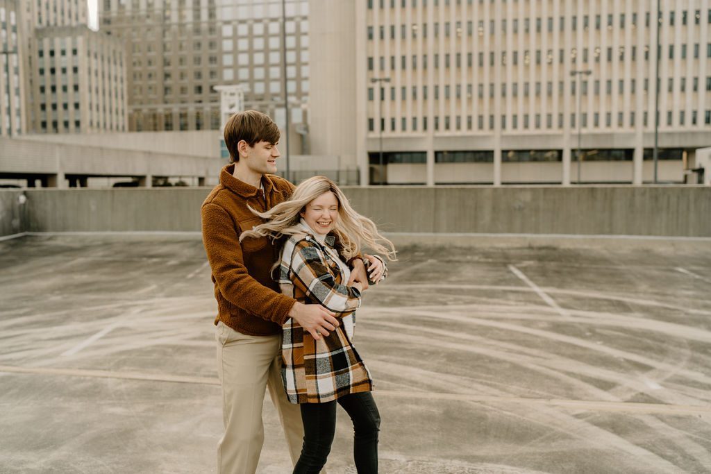 Coupels downtown engagement photos in Winston Salem in North Carolina