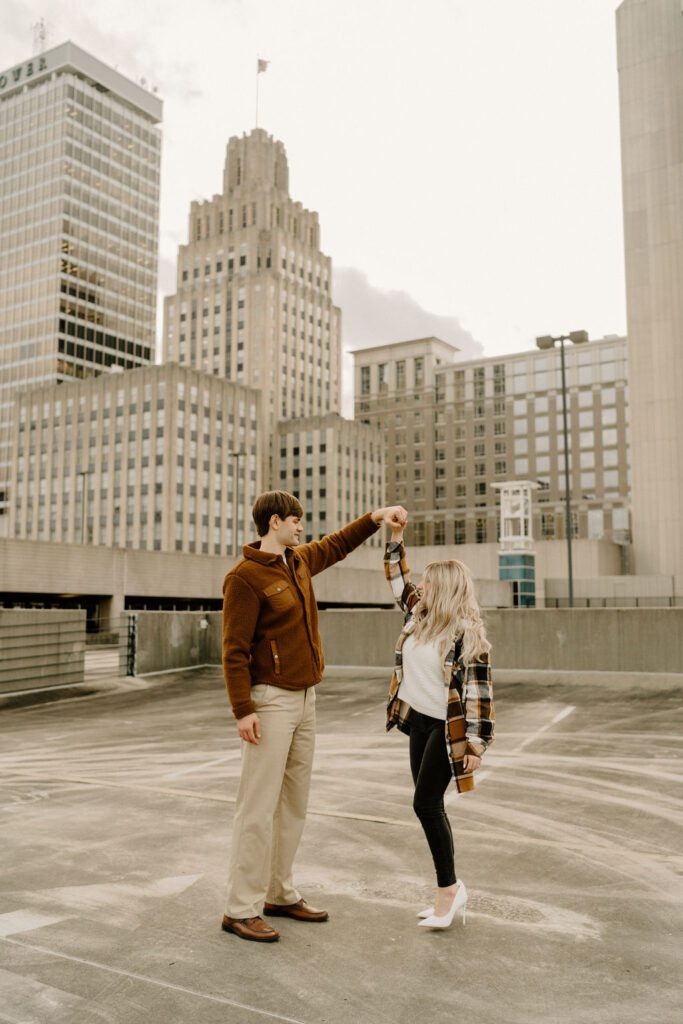 Couples rooftop engagement photos in Winston Salem in North Carolina