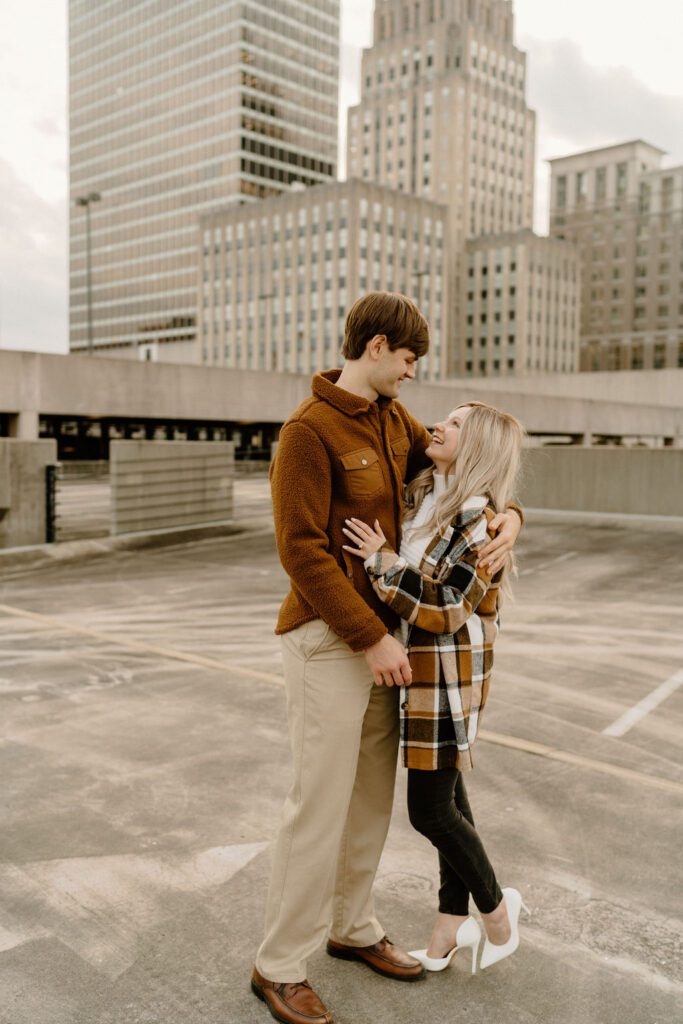 Couples rooftop engagement photos in Winston Salem in North Carolina