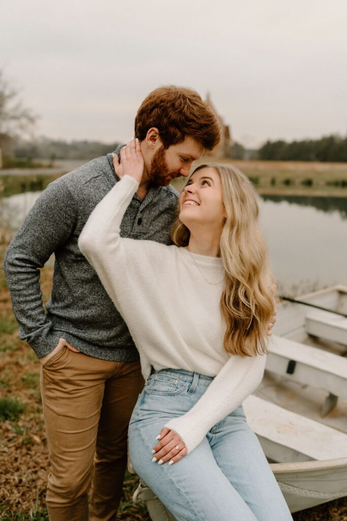 Couple posing for engagement photos in Winston-Salem, North Carolina