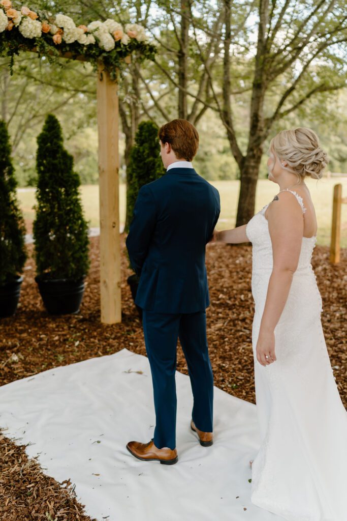 Bride and grooms first look during their North Carolina wedding day
