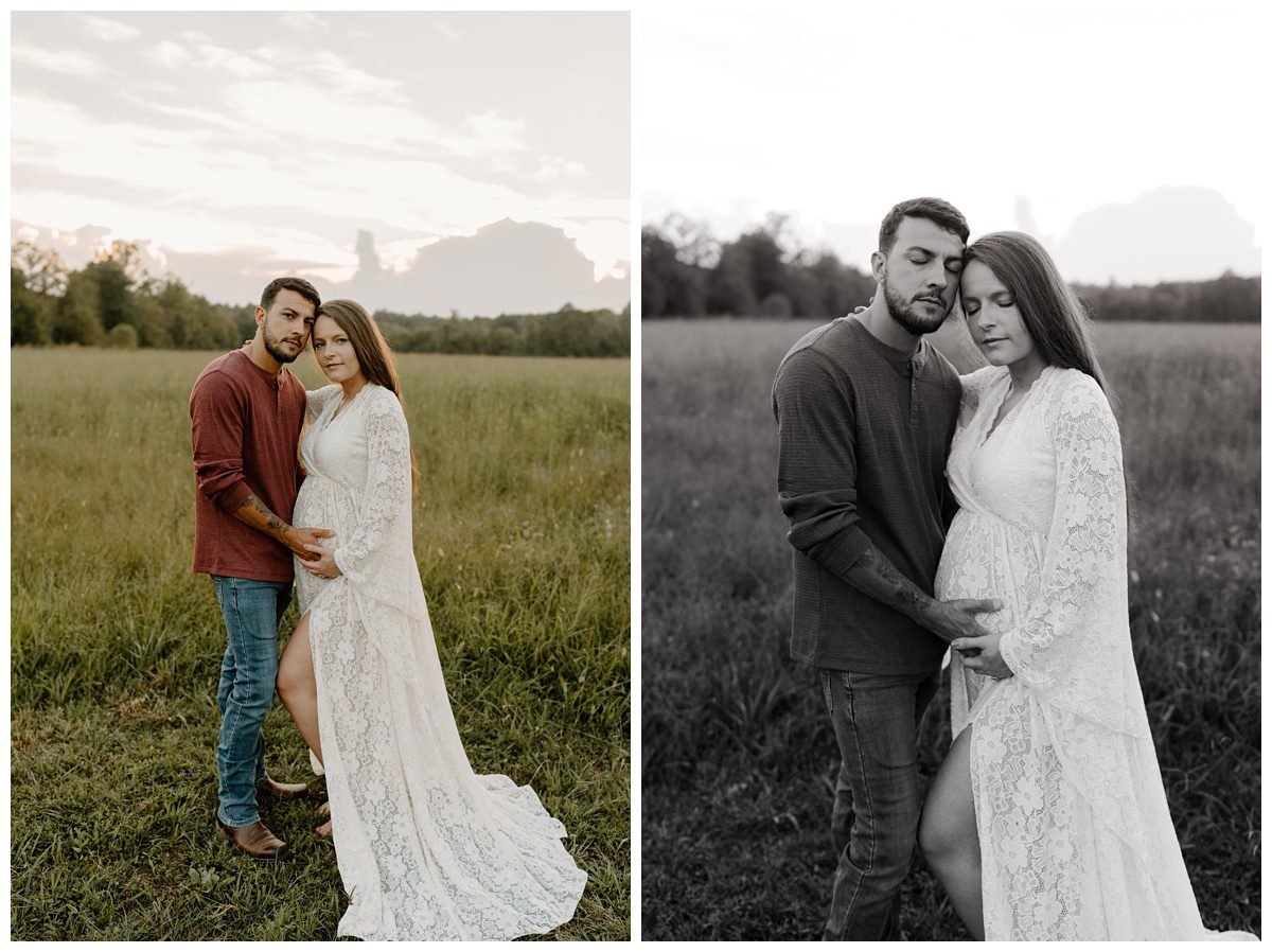 Soft romantic maternity portraits during sunset, outdoor locations with indoor studio spaces in Winston-Salem, NC